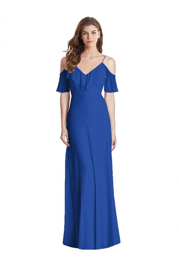 Fábrica de Costas em V Chiffon Alças finas Comprimento Chão Ombro Frio Vestidos de Madrinha