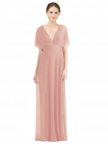 Fábrica de Costas em V Chiffon Decote V Comprimento Chão Mangas Curtas Bliss Vestidos de Madrinha