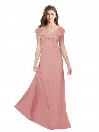 Fábrica de Criss Cruz Chiffon Decote V Comprimento Chão Mangas Esvoaçantes Vestidos de Madrinha