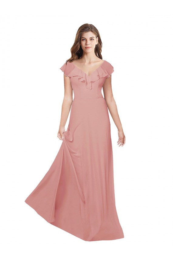 Fábrica de Criss Cruz Chiffon Decote V Comprimento Chão Mangas Esvoaçantes Vestidos de Madrinha
