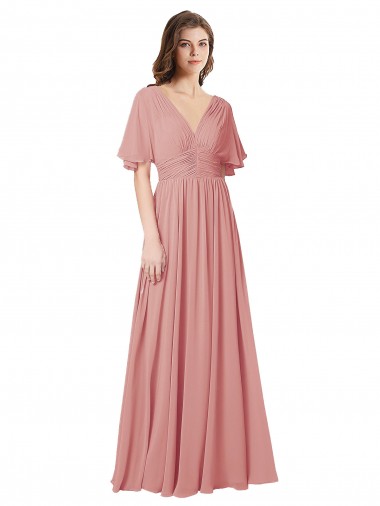 Fábrica de Costas em V Chiffon Decote V Comprimento Chão Mangas Esvoaçantes Linha A Vestidos de Madrinha