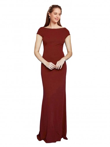 Fábrica de Buraco da fechadura Crepe Esticado Decote redondo Comprimento Chão Mangas Curtas Vestidos de Madrinha / Vestidos de Noite / Vestidos de Festa