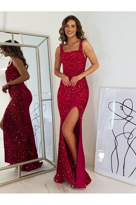 Fábrica de Lantejoulas Veludo Decote Quadrado Comprimento Chão Sem Mangas Vestidos de Festa