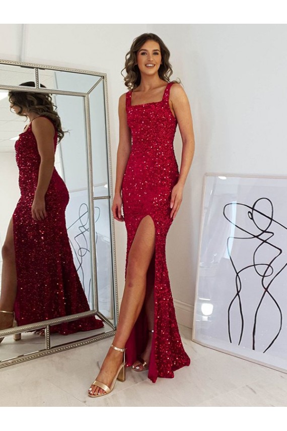 Fábrica de Lantejoulas Veludo Decote Quadrado Comprimento Chão Sem Mangas Vestidos de Festa