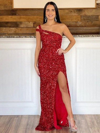 Fábrica de Lantejoulas Veludo Um Ombro Comboio Varredela Sem Mangas Vestido de Festa / Vestido de Noiva