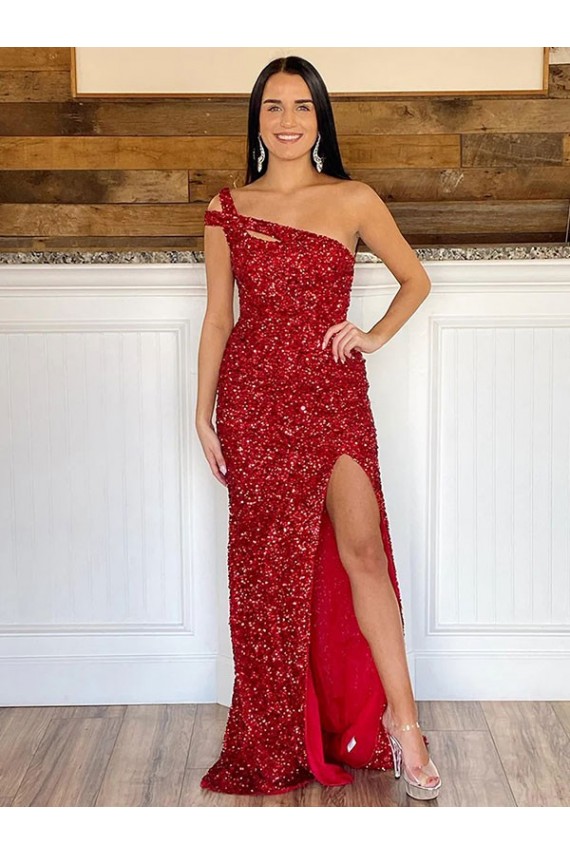 Fábrica de Lantejoulas Veludo Um Ombro Comboio Varredela Sem Mangas Vestido de Festa / Vestido de Noiva