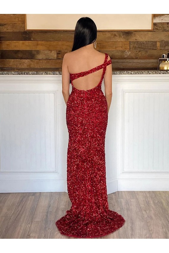 Fábrica de Lantejoulas Veludo Um Ombro Comboio Varredela Sem Mangas Vestido de Festa / Vestido de Noiva