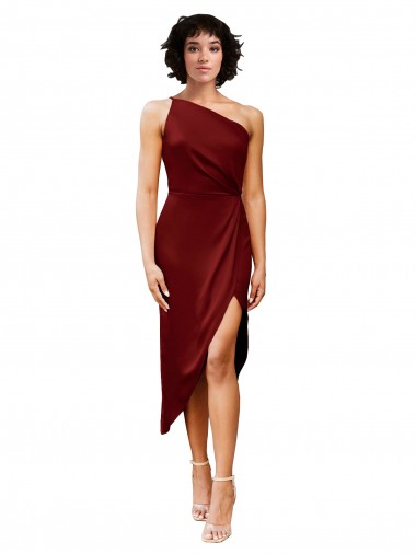 Fábrica de Cetim Elástico Um Ombro Comprimento Midi Sem Mangas Curto Vestidos de Madrinha / Vestidos de Noite / Vestidos de Festa