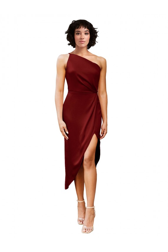 Fábrica de Cetim Elástico Um Ombro Comprimento Midi Sem Mangas Curto Vestidos de Madrinha / Vestidos de Noite / Vestidos de Festa