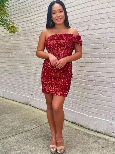 Fábrica de Lantejoulas Veludo Um Ombro Curto Sem Mangas Bainha Curto Vestidos de Festa