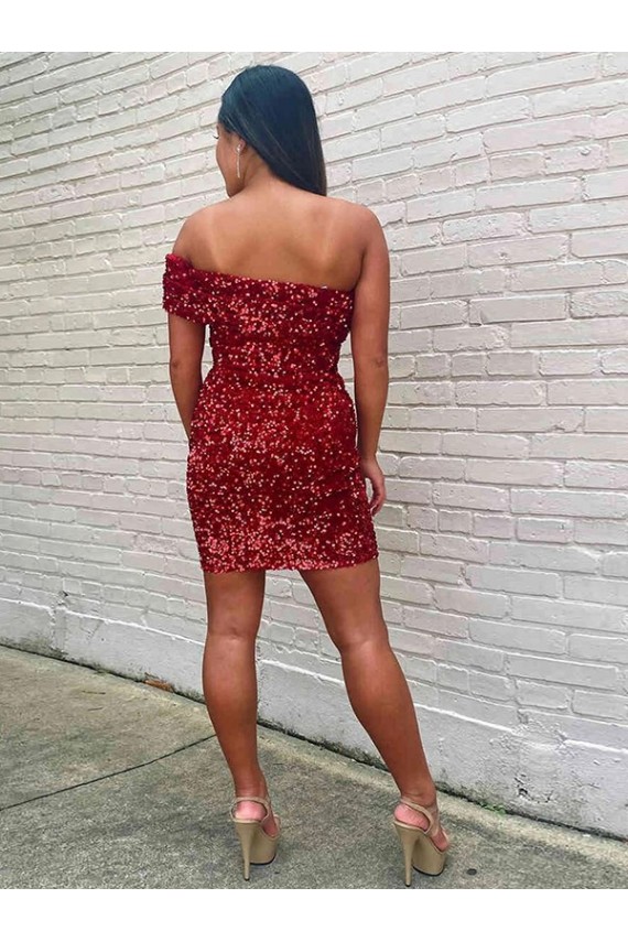 Fábrica de Lantejoulas Veludo Um Ombro Curto Sem Mangas Bainha Curto Vestidos de Festa