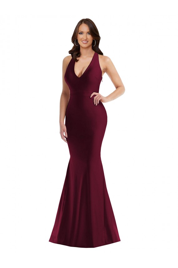 Fábrica de Abrir de volta Cetim Sedoso Decote V Comprimento Chão Sem Mangas Longo Borgonha Vestidos de Madrinha / Vestidos de Noite / Vestidos de Festa