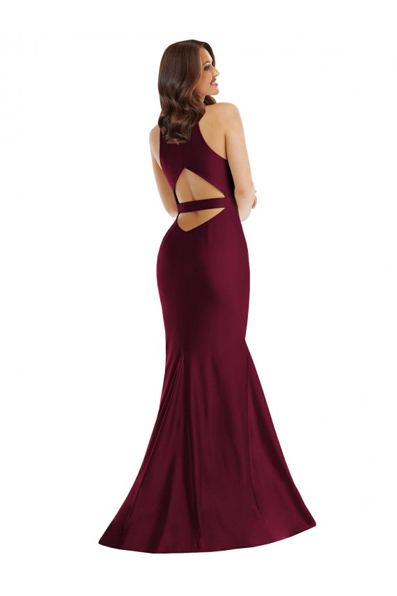 Fábrica de Abrir de volta Cetim Sedoso Decote V Comprimento Chão Sem Mangas Longo Borgonha Vestidos de Madrinha / Vestidos de Noite / Vestidos de Festa