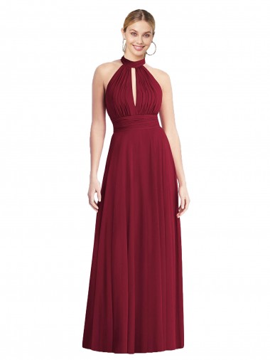 Fábrica de Abrir de volta Chiffon Cabeçada Comprimento Chão Sem Mangas Borgonha Vestidos de Madrinha
