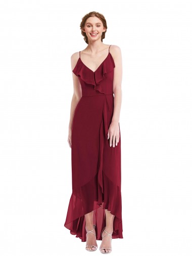Fábrica de Lombar Chiffon Alças finas Comprimento Chão Sem Mangas Alto Baixo, Vestidos de Madrinha