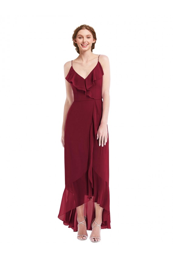 Fábrica de Lombar Chiffon Alças finas Comprimento Chão Sem Mangas Alto Baixo, Vestidos de Madrinha