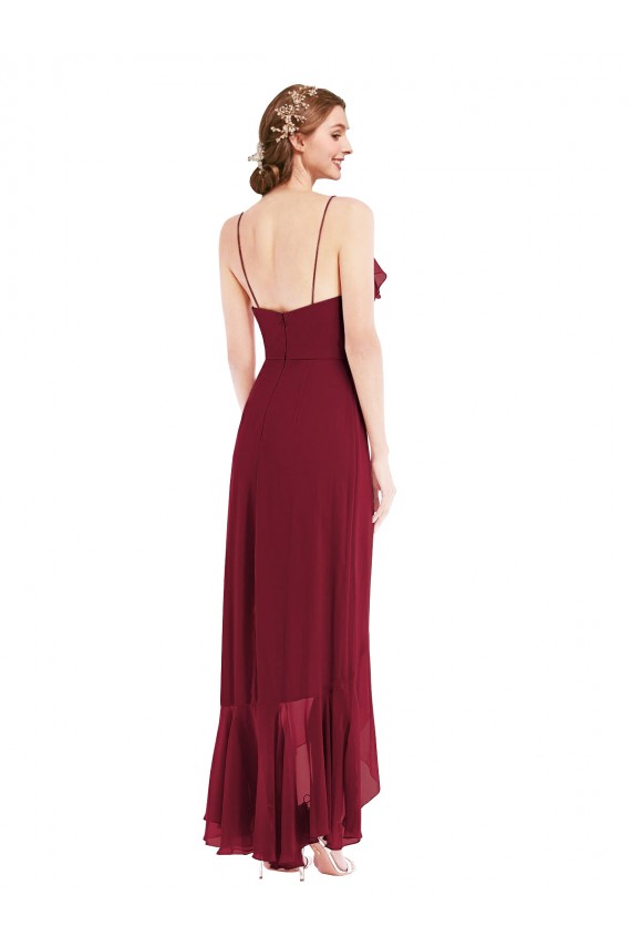 Fábrica de Lombar Chiffon Alças finas Comprimento Chão Sem Mangas Alto Baixo, Vestidos de Madrinha