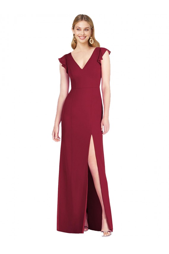 Fábrica de Amarrar para trás Chiffon Decote V Comprimento Chão Mangas Folhos Vestidos de Madrinha