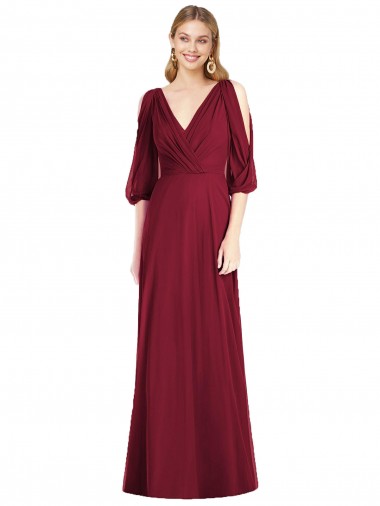 Fábrica de Costas em V Chiffon Decote V Comprimento Chão Mangas Sino Vestidos de Madrinha