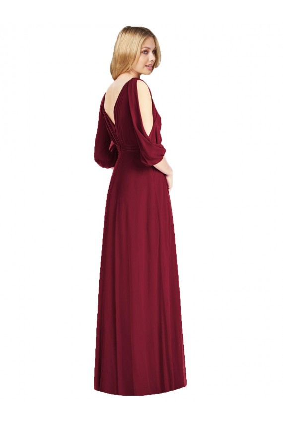 Fábrica de Costas em V Chiffon Decote V Comprimento Chão Mangas Sino Vestidos de Madrinha
