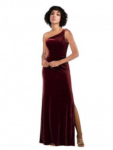Fábrica de Veludo Elástico Um Ombro Comprimento Chão Sem Mangas Coluna Vestidos de Madrinha / Vestidos de Noite / Vestidos de Festa