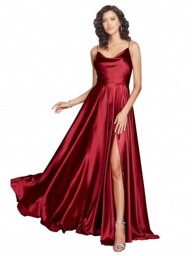Fábrica de Lombar Cetim Sedoso Alças finas Comprimento Chão Sem Mangas Borgonha Vestidos de Madrinha / Vestidos de Noite / Vestidos de Festa