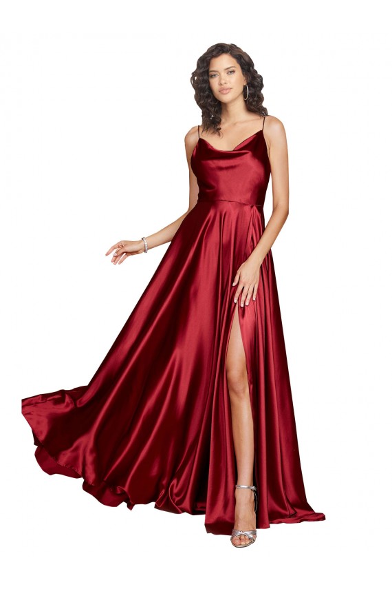 Fábrica de Lombar Cetim Sedoso Alças finas Comprimento Chão Sem Mangas Borgonha Vestidos de Madrinha / Vestidos de Noite / Vestidos de Festa