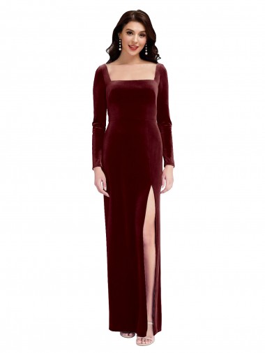 Fábrica de Lombar Veludo Elástico Alças finas Comprimento Chão Mangas Compridas Vestidos de Madrinha / Vestidos de Festa