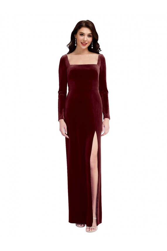 Fábrica de Lombar Veludo Elástico Alças finas Comprimento Chão Mangas Compridas Vestidos de Madrinha / Vestidos de Festa