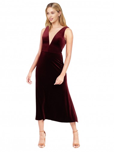 Fábrica de Costas em V Veludo Elástico Decote V Comprimento Midi Sem Mangas Curto Vestidos de Madrinha / Vestidos de Festa / Vestidos de Cocktail / Vestidos de Homecoming