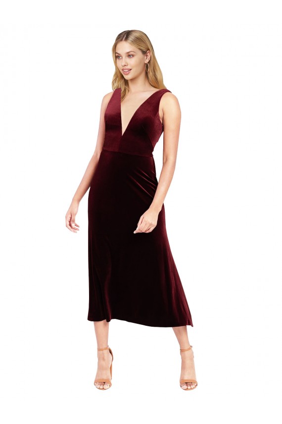 Fábrica de Costas em V Veludo Elástico Decote V Comprimento Midi Sem Mangas Curto Vestidos de Madrinha / Vestidos de Festa / Vestidos de Cocktail / Vestidos de Homecoming