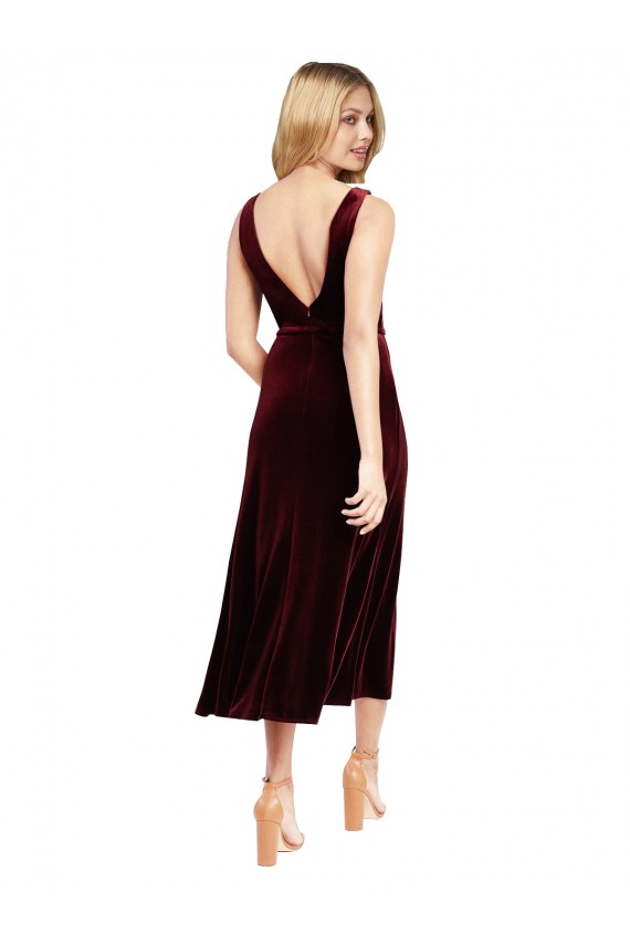 Fábrica de Costas em V Veludo Elástico Decote V Comprimento Midi Sem Mangas Curto Vestidos de Madrinha / Vestidos de Festa / Vestidos de Cocktail / Vestidos de Homecoming