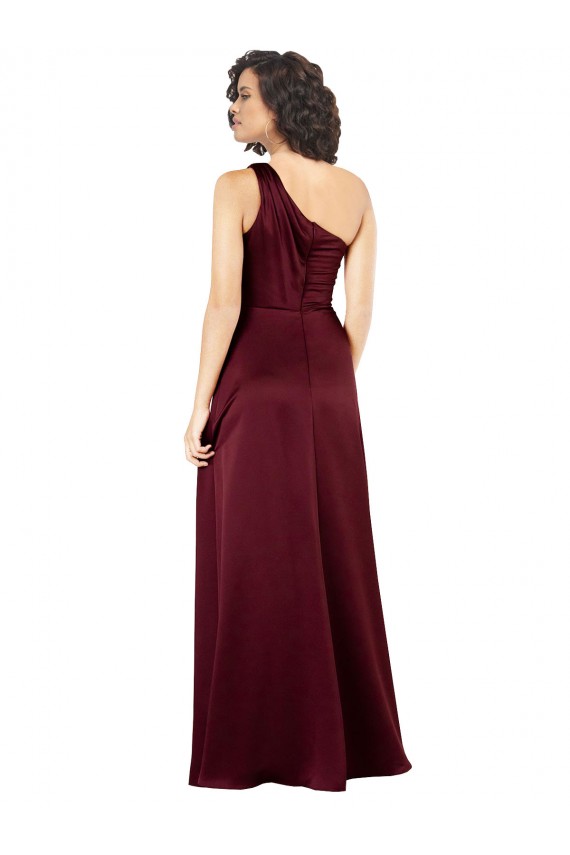 Fábrica de Cetim Sedoso Um Ombro Comprimento Chão Sem Mangas Borgonha Vestidos de Madrinha / Vestidos de Noite / Vestidos de Festa