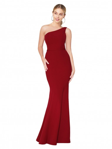 Fábrica de Crepe Esticado Um Ombro Comprimento Chão Sem Mangas Borgonha Vestidos de Madrinha / Vestidos de Noite / Vestidos de Festa