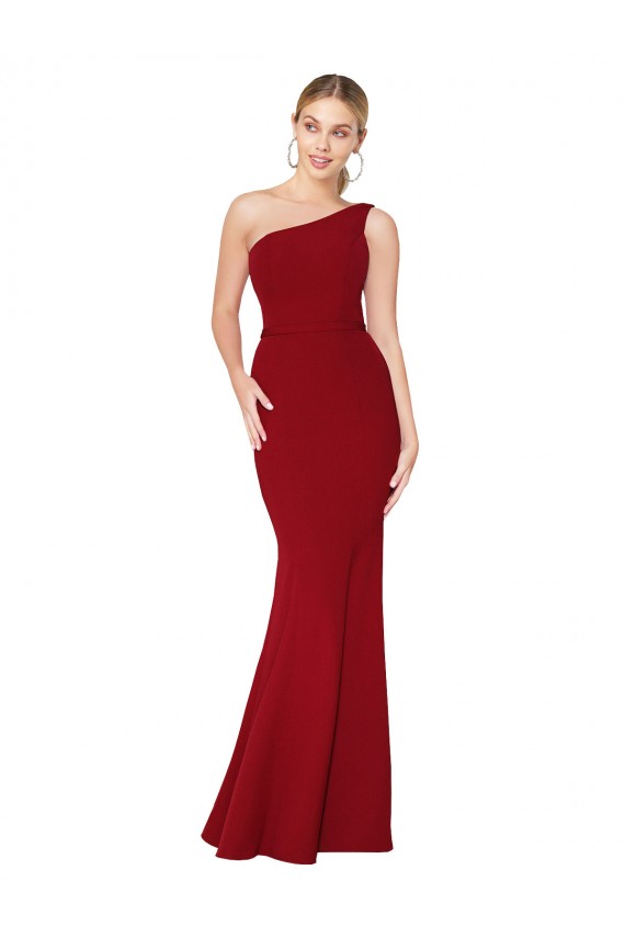 Fábrica de Crepe Esticado Um Ombro Comprimento Chão Sem Mangas Borgonha Vestidos de Madrinha / Vestidos de Noite / Vestidos de Festa