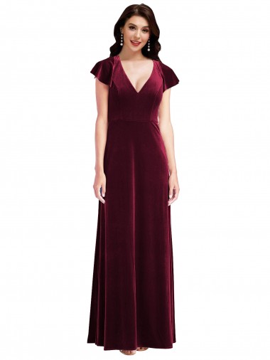 Fábrica de Veludo Elástico Decote V Comprimento Chão Mangas Esvoaçantes Vestidos de Madrinha / Vestidos de Festa