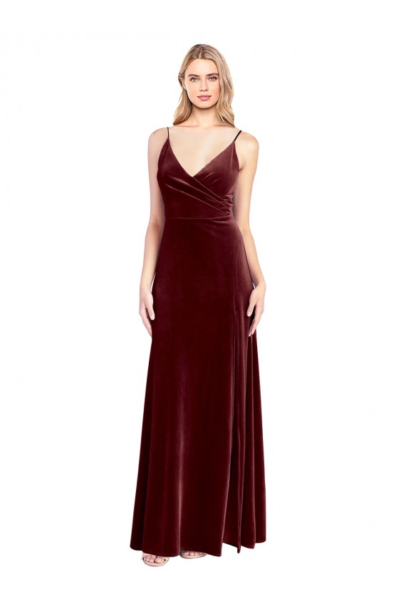 Fábrica de Costas em V Veludo Elástico Decote V Comprimento Chão Sem Mangas Linha A Longo Vestidos de Madrinha / Vestidos de Festa