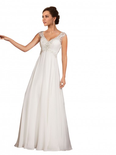 Fábrica de Chiffon & Renda Decote V Comboio Capela Mangas Curtas Vestidos de Noiva
