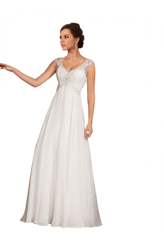 Fábrica de Chiffon & Renda Decote V Comboio Capela Mangas Curtas Vestidos de Noiva