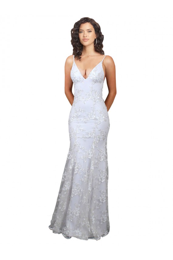 Fábrica de Abrir de volta Crepe Esticado & Lantejoulas Tule Decote V Comprimento Chão Sem Mangas Sereia Vestidos de Madrinha / Vestidos de Noite / Vestidos de Festa
