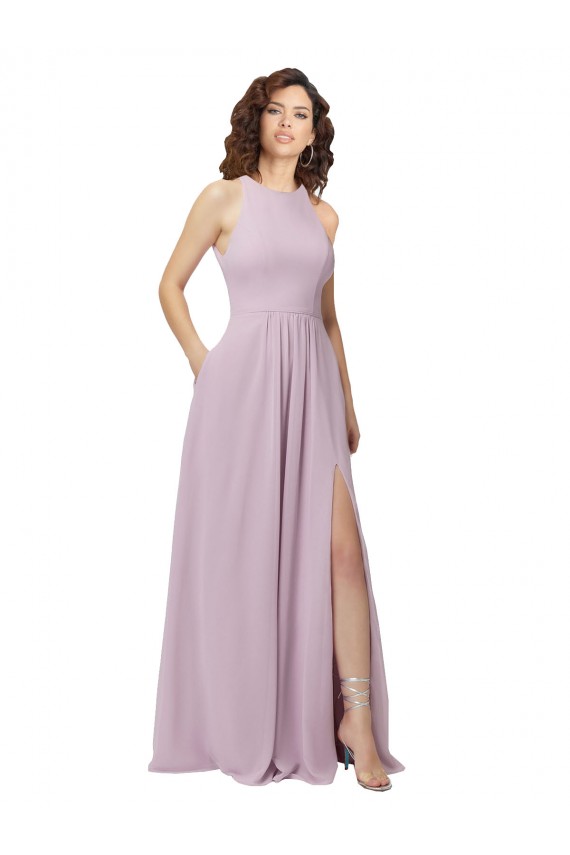 Fábrica de Buraco da fechadura Chiffon Cabeçada Comprimento Chão Sem Mangas Vestido de Madrinha