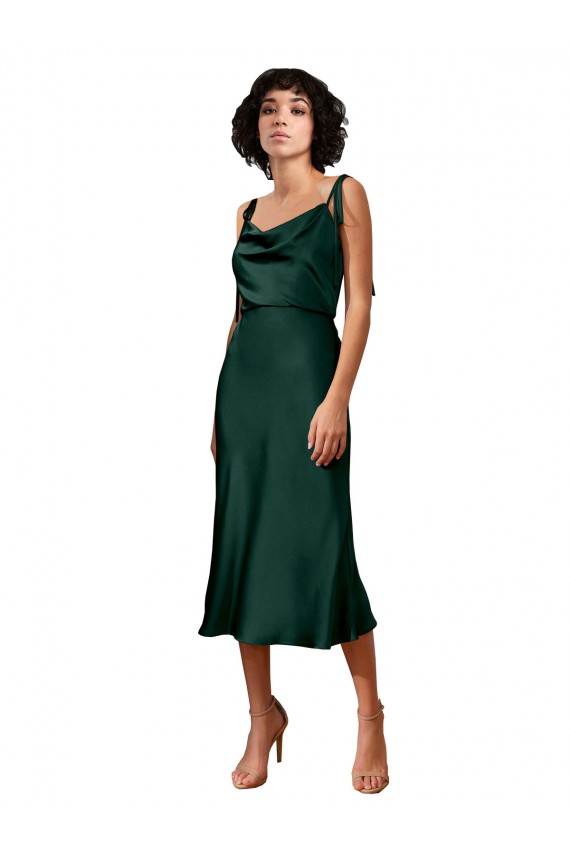 Fábrica de Cetim Elástico Decote Capuz Comprimento Midi Sem Mangas Vestidos de Madrinha / Vestidos de Noite / Vestidos de Festa