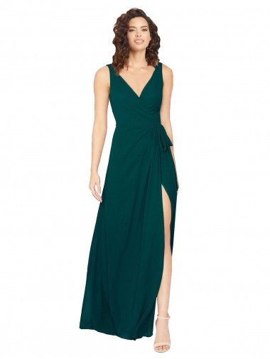 Fábrica de Costas em V Chiffon Decote V Comprimento Chão Sem Mangas Caçador Verde Vestidos de Madrinha