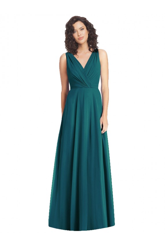 Fábrica de Costas em V Chiffon Decote V Comprimento Chão Sem Mangas Linha A Vestidos de Festa