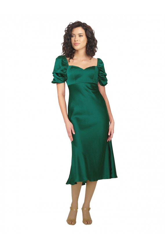 Fábrica de Lombar Cetim Sedoso Amor Comprimento Midi Mangas Curtas Vestidos de Madrinha / Vestidos de Noite / Vestidos de Festa