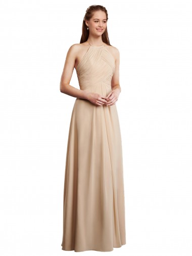 Fábrica de Lombar Chiffon Cabeçada Comprimento Chão Sem Mangas Champanhe Vestidos de Madrinha
