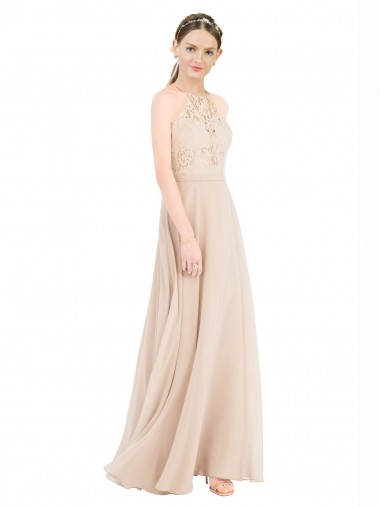 Fábrica de Buraco da fechadura Chiffon & Renda Cabeçada Comprimento Chão Sem Mangas Vestidos de Madrinha / Vestidos de Festa