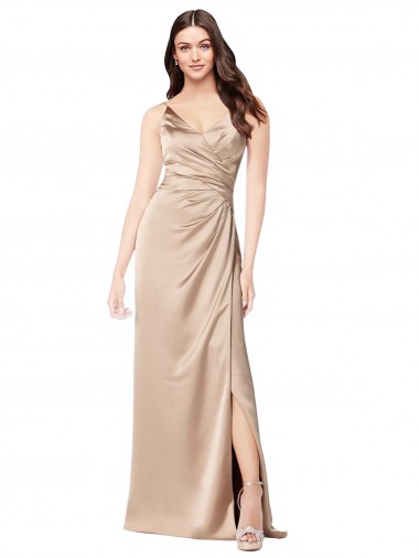 Fábrica de Lombar Cetim Sedoso Alças finas Comprimento Chão Sem Mangas Champanhe Rosa Vestidos de Madrinha / Vestidos de Noite / Vestidos de Festa