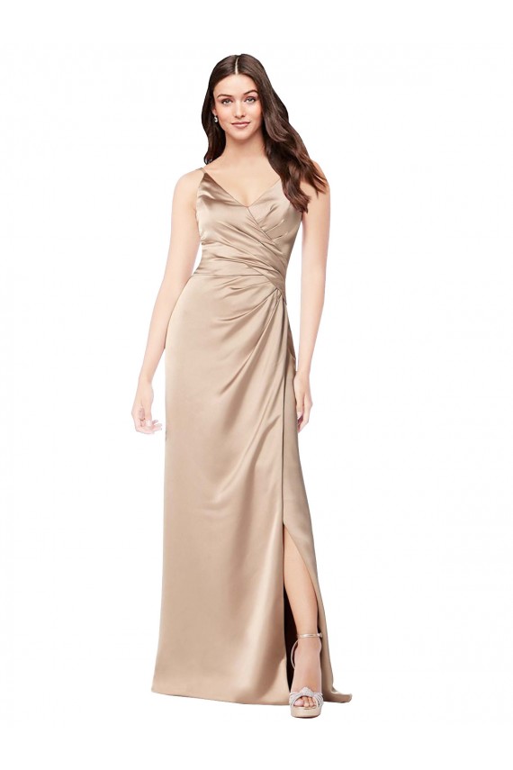 Fábrica de Lombar Cetim Sedoso Alças finas Comprimento Chão Sem Mangas Champanhe Rosa Vestidos de Madrinha / Vestidos de Noite / Vestidos de Festa