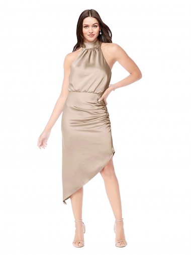 Fábrica de Cetim Sedoso Cabeçada Comprimento Midi Sem Mangas Vestidos de Madrinha / Vestidos de Festa / Vestidos de Cocktail / Vestidos de Homecoming